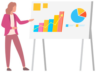 Woman looking at statistics diagram. Businesswoman analysing report with statistical indicators. Girl examines results of analysis. Personal investment, finance, funding, capital accumulation concept