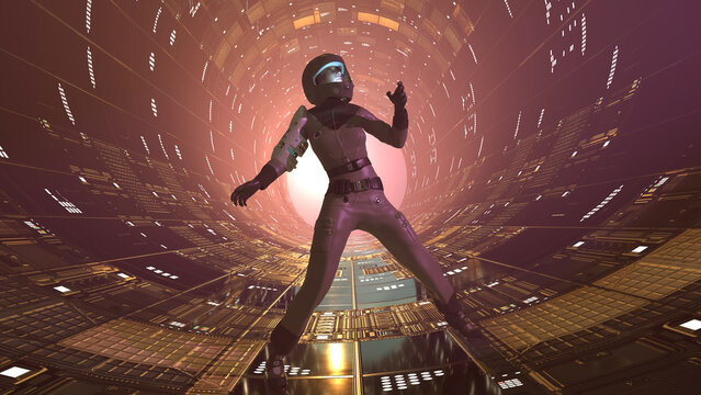 Woman wearing a space suit in a science fiction setting