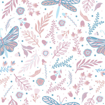 Hand drawn floral pattern with meadow flowers, herbs and dragonfly. Vector seamless background.