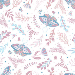 Fototapeta na wymiar Floral seamless pattern with butterflies and different flowers