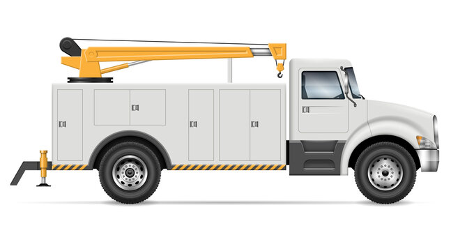 Utility Service Pickup Truck Vector Illustration View From Side Isolated On White Background. All Elements In The Groups On Separate Layers For Easy Editing And Recolor.