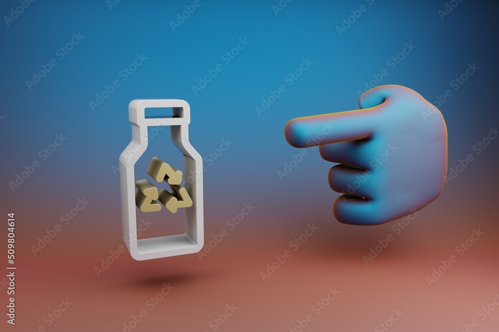 Fototapete Beautiful illustrations abstract Hand index finger points to Recycle bottle symbol icon on a multicolor bright background. 3d rendering illustration. Background pattern for design.