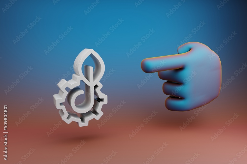 Leinwandbilder Beautiful illustrations abstract Hand index finger points to clean energy symbol icon on a multicolor bright background. 3d rendering illustration. Background pattern for design.