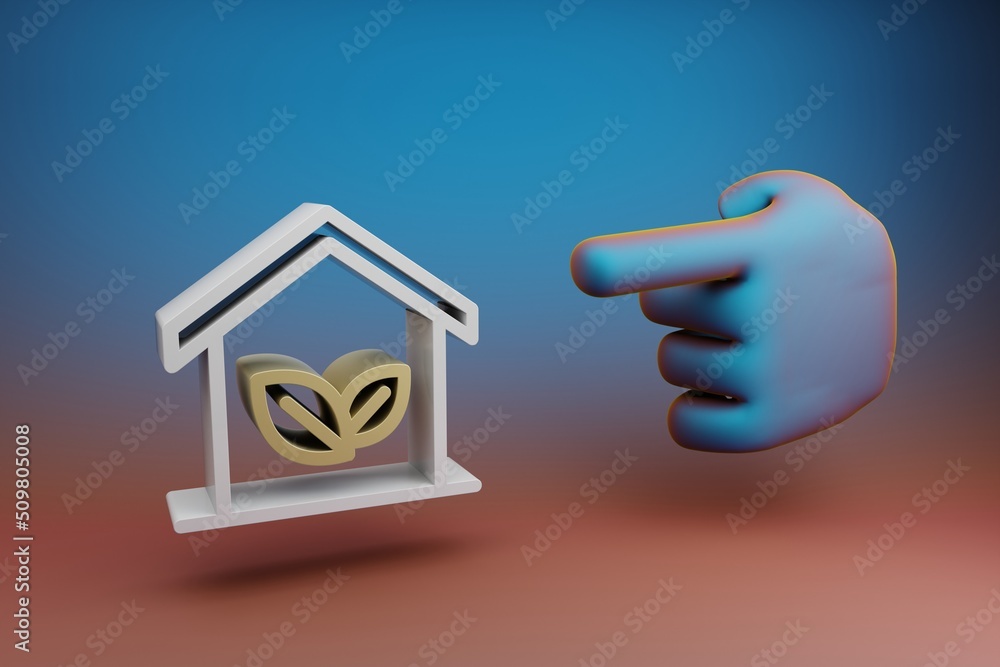 Leinwandbilder Beautiful illustrations abstract Hand index finger points to house clean energy symbol icon on a multicolor bright background. 3d rendering illustration. Background pattern for design.