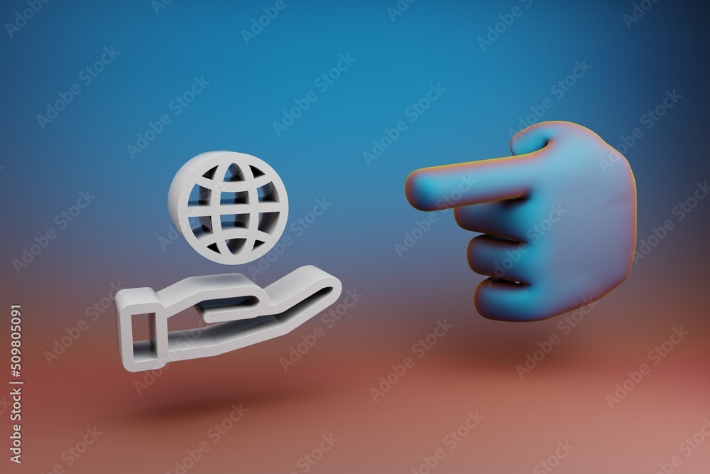 Fototapete Beautiful illustrations abstract Hand index finger points to save earth symbol icon on a multicolor bright background. 3d rendering illustration. Background pattern for design.