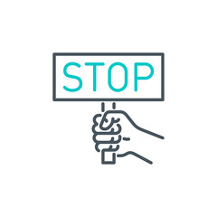 hand clenched into fist holds sign with inscription stop single line icon isolated on white. Perfect outline symbol protest against no war with stop banner. protest design element with editable Stroke
