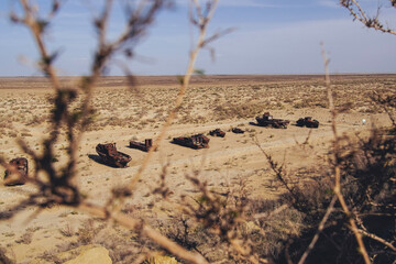 Cemetery of old ships on the former bank of Aral sea, Muynak, Uzbekistan