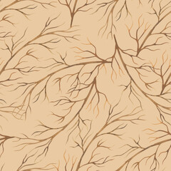 Dry tree branches. Tree seamless pattern on beige background. Intertwining forest ornament.