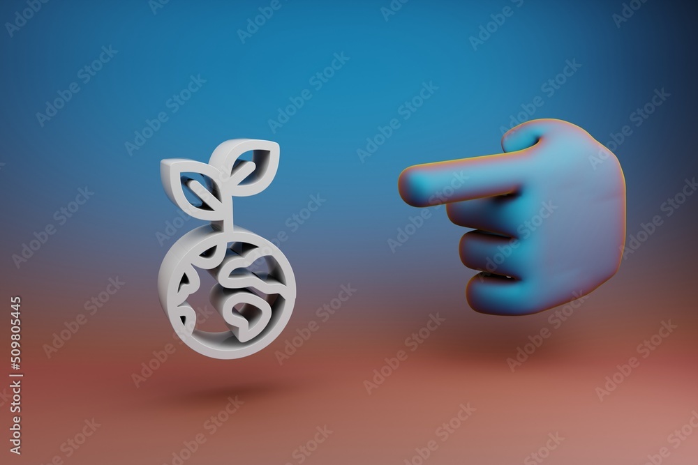 Poster beautiful illustrations abstract hand index finger points to eco symbol icon on a multicolor bright 