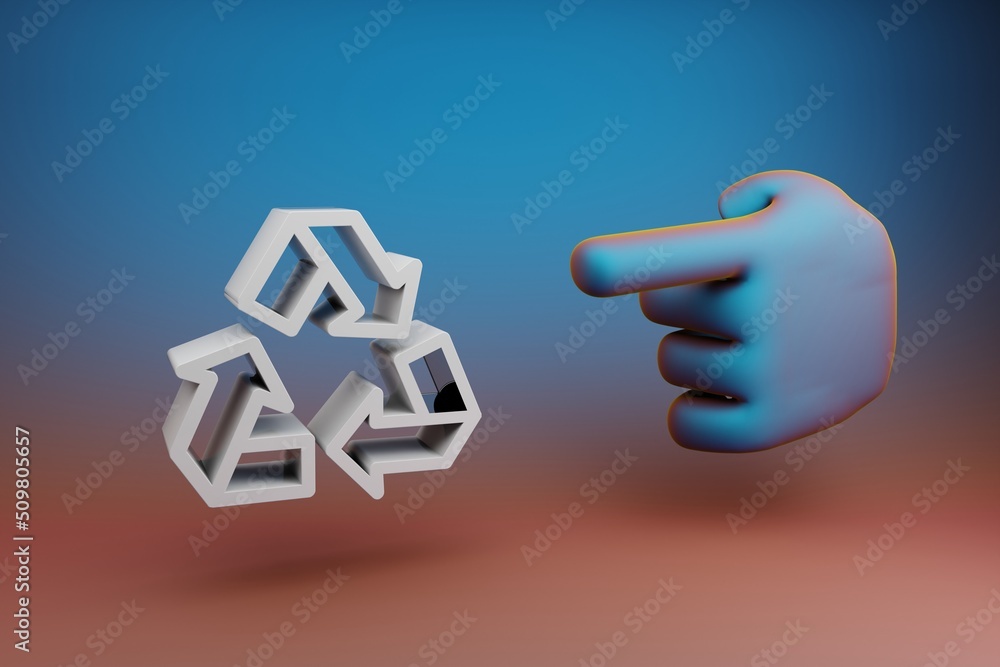 Leinwandbilder Beautiful illustrations abstract Hand index finger points to Recycle symbol icon on a multicolor bright background. 3d rendering illustration. Background pattern for design.