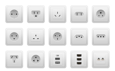 Realistic socket types. AC power wall socket mock up, USB hand drawnMI RG45 electric ports, European and American electricity sockets. Vector isolated set