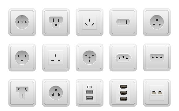 Realistic socket types. AC power wall socket mock up, USB hand drawnMI RG45 electric ports, European and American electricity sockets. Vector isolated set