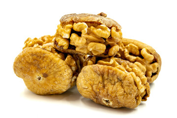 Stuffed dried figs. Dried figs stuffed with walnuts isolated on white background. Close-up. local name cevizli incir