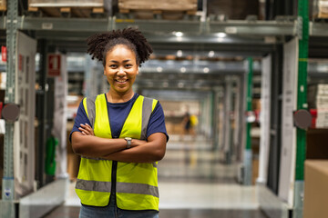African American female employee Hands folded proudly serving in warehouses, furniture wholesalers