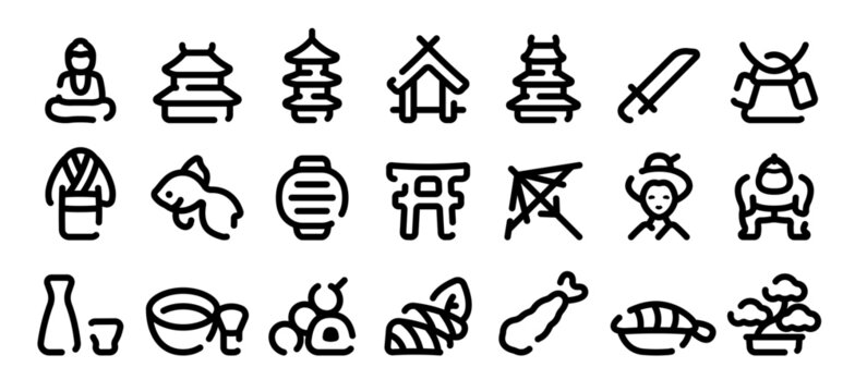 Japanese traditional culture icon set (Soft bold line version)