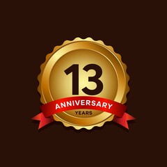 13 years anniversary logo with ribbon, golden Anniversary for booklet, leaflet, magazine, brochure poster, banner, web, invitation or greeting card. Vector illustrations.
