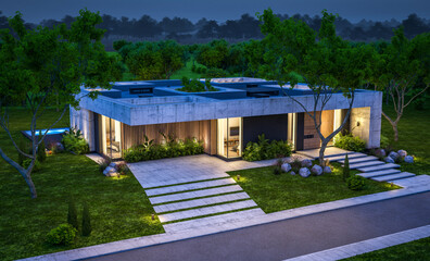3d rendering of new concrete house in modern style with pool and parking for sale or rent and beautiful landscaping on background. Only one floor. Clear summer night with many stars on the sky.