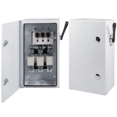 Electrical enclosure with a knife switch isolated on a white background. 2 angles with open and closed door.