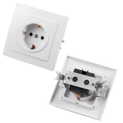 Electric built-in(flat) white socket isolated on a white background. Photo of the outlet front and...