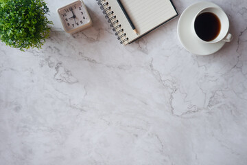Cropped shot view of office desk table office equipment, labtop, tablet and other office supplies on the modern space, flat lay.