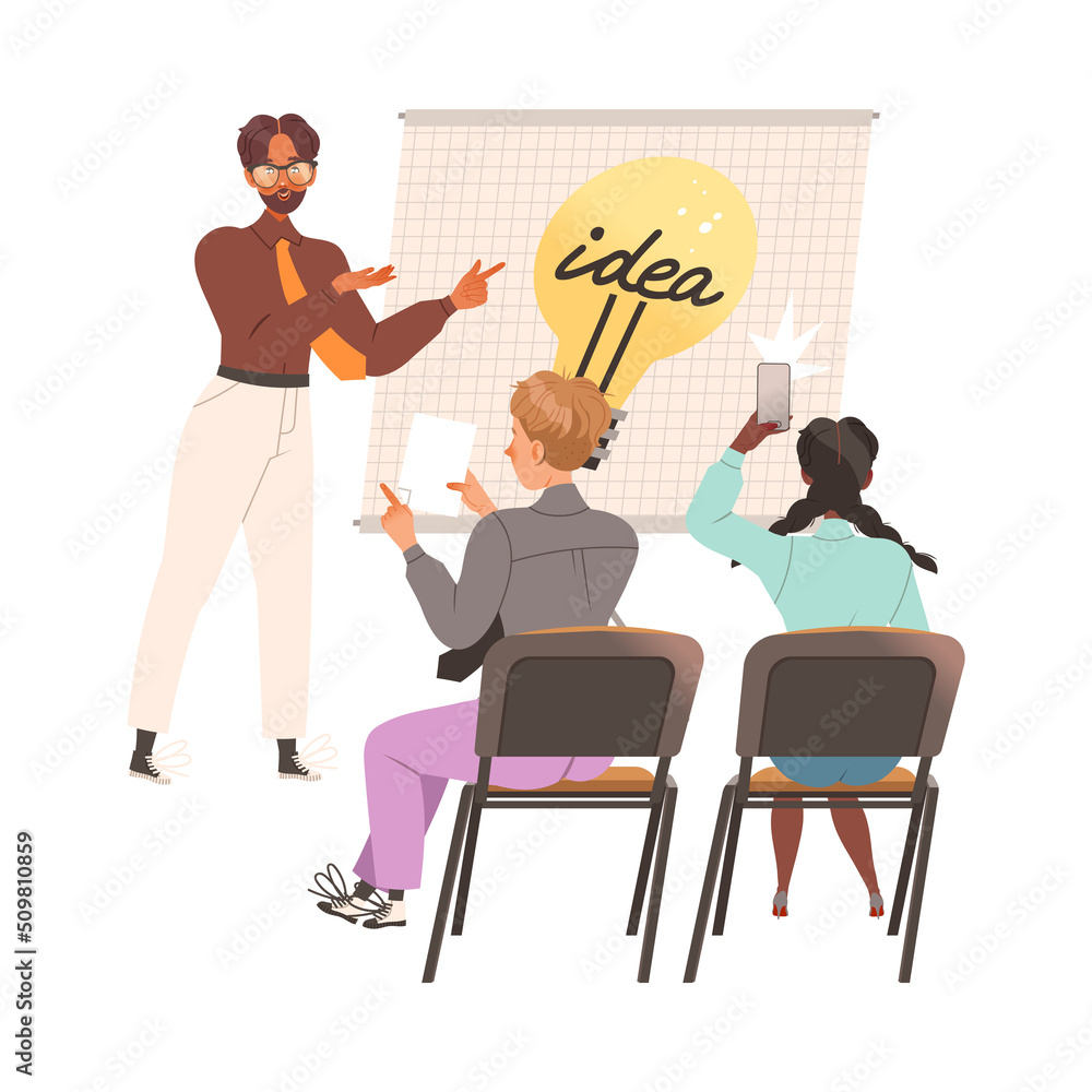 Poster man near whiteboard with light bulb presenting smart idea and solution vector illustration