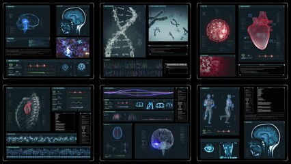 Futuristic Technological Interface Analyzing Human Anatomy, Heart, Brain, DNA, Covid. Medical Profile Of Patient Showing, Bones, MRI Scan, Respiratory System and Vital Signs. Healthcare Information. - Powered by Adobe
