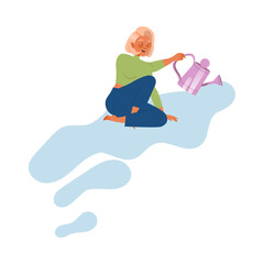 Fototapeta na wymiar Young Woman Sitting on Cloud with Watering Can Engaged in Planting and Gardening Saving Earth Taking Care of Nature and Environment Vector Illustration