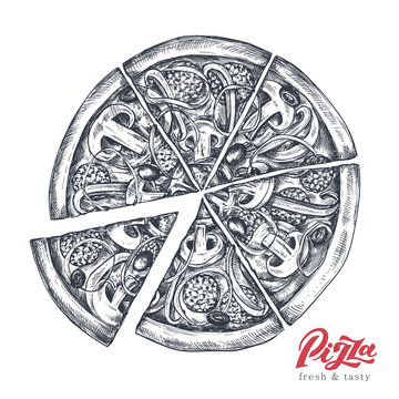 Hand drawn vector pizza in sketch style. Traditional Italian food. Illustration of whole pizza and slice.