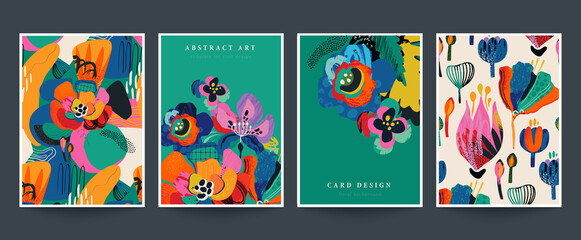 Set of four vector pre-made cards or posters in modern abstract style with nature motifs, flowers, leaves and hand drawn texture. - 509811270