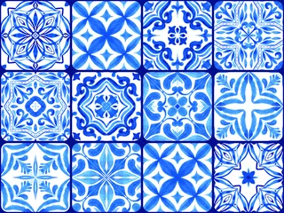 Tapeten Azulejos - Portuguese tiles blue watercolor pattern. Variety tiles collection. © liliia_sinhina