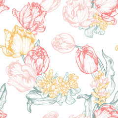 Beautiful hand drawn vector seamless patterns with tulip flowers