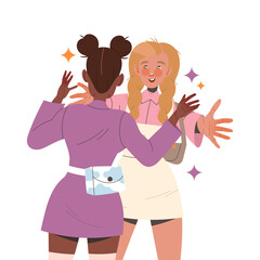 Woman Friend Hugging Meeting Each Other Feeling Joy Vector Illustration
