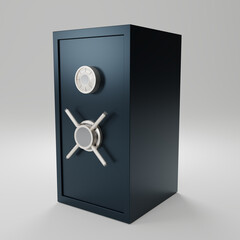 Dark blue Safe box font view on gray background. closed metallic safe box. Realistic metal safe. Close security blue metal safe. 3d render illustration.