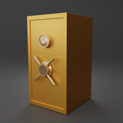Gold Safe box on gray background. Closed yellow metallic safe box. Realistic metal is safe. Close security golden metal safe. 3d render illustration.