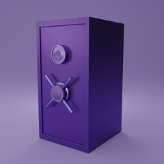 Dark purple Safe box on light purple background. Closed metallic safe box. Realistic metal safe. Close security magenta metal safe. 3d render illustration.