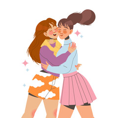 Woman Friend Hugging Meeting Each Other Feeling Joy Vector Illustration