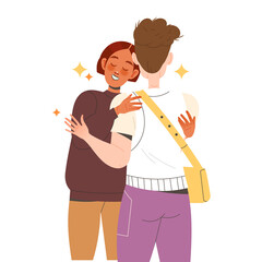 Man and Woman Friend Hugging Meeting Each Other Feeling Joy Vector Illustration