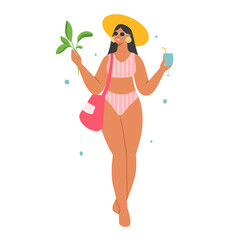 Beautiful woman wearing a swimsuit, sunglasses and hat holding cocktail. Summer vacation, rest and relax. Leisure on a beach. Flat vector illustration. 