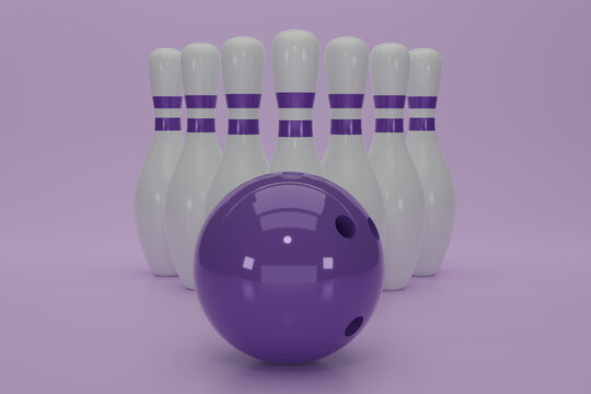3d render purple bowling ball crashing into the pins on light purple background. Concept of success and win. 3D rendering illustration.