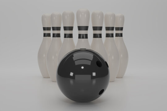 3d render a black bowling ball crashing into the pins on white background. Concept of success and win. 3D rendering illustration.