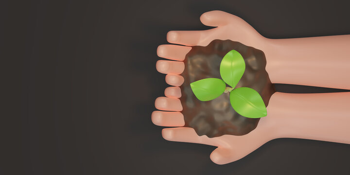 Two Hands holding young plants on the soil. Plant in hand on black background. Plant sapling on hand Top view. Copy space for texts. Eco, earth day, Forest conservation concept. 3d render illustration