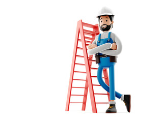 Cartoon builder character guy, funny worker or engineer with ladder, 3d Rendering