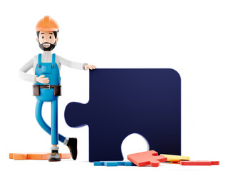 Builder cartoon character, funny worker or engineer with puzzle