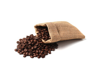 Roasted coffee beans in burlap bags isolated on white background