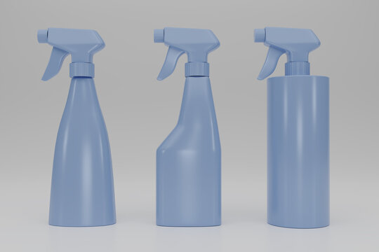 Blue blank plastic spray bottle isolated on white background. Foggy bottle. Side view. Packaging template mockup collection. Product Packing. 3d rendering illustration.