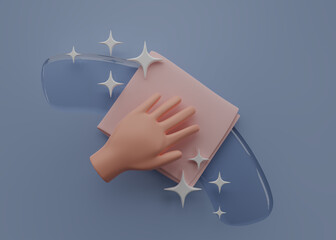 Hand holding washcloth icon housekeeping. Hand cleaning on a blue background. Cleaning napkin glyph icon. 3D render symbol. Windows cleaning cloth. Surface wiping, disinfection. 3D rendering. - obrazy, fototapety, plakaty