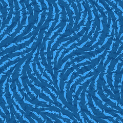 Blue seamless vector pattern of torn stripes in the form of waves. Abstract texture from torn stripes of wavy shape with shadow.