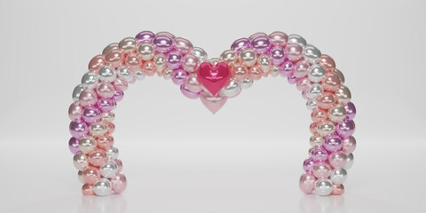 3D render The balloon entrance arch  in the shape of a heart. Metallic White, and Pink Balloons in the Shape of heart, Gate, or Portal on a white background. 3d Rendering illustration.