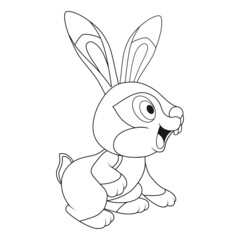 Colorless cartoon young Easter Hare sitting and smiling. Side view of hare with long ears. Template of coloring book Rabbit. Practice worksheet or Anti-stress page for kids. Outline education game.