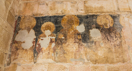 ANCIENT APOLLONIA, ALBANIA - September 2021: Fresco inside Saint Mary church of the ancient Monastery  in ancient Apollonia